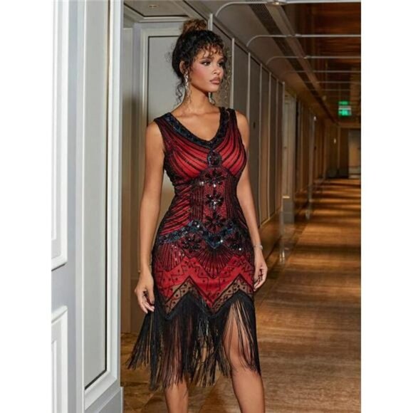 Women's Vintage Black Red Dress Formal Evening Bridal Prom Party Fringe Beaded L - Picture 6 of 7